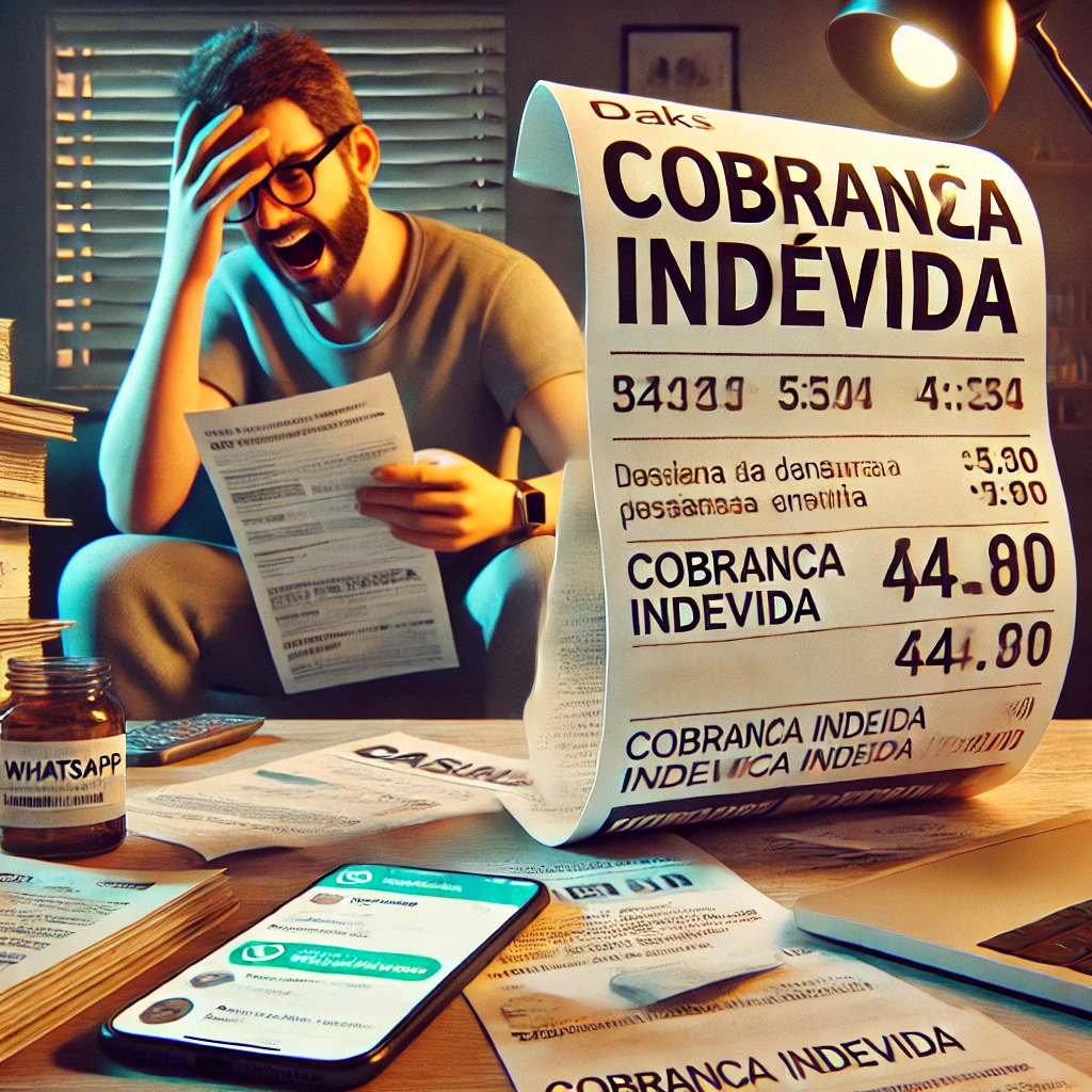 Consumidor frustrado segurando extrato com cobrança indevida, representando problemas comuns no direito bancário