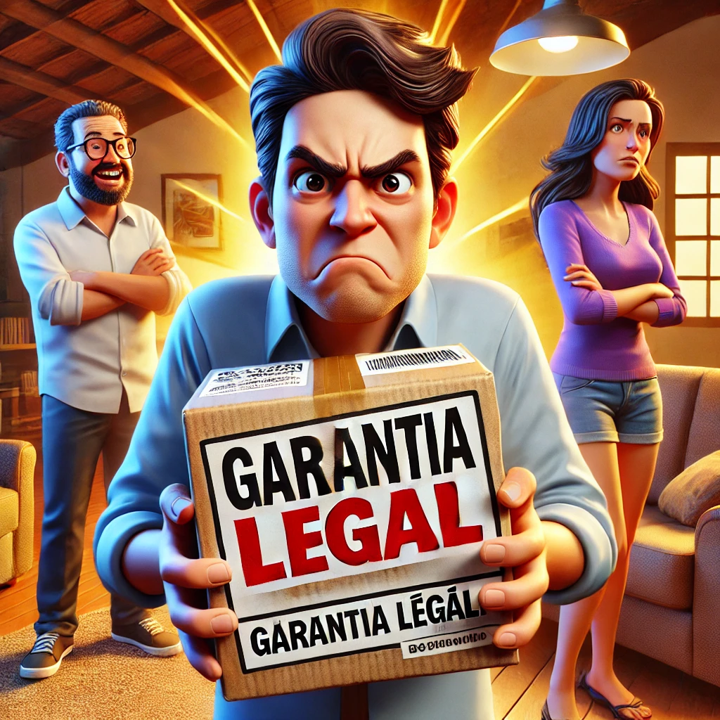 Consumidor frustrado com Garantia Legal Consumidor frustrado segurando um produto defeituoso com etiqueta de Garantia Legal em destaque.