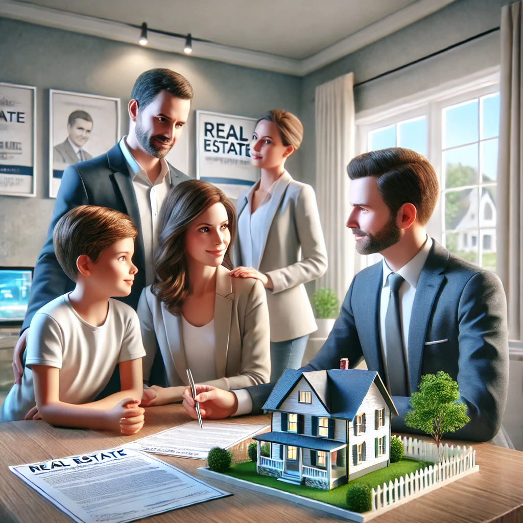 Família analisando documentos de compra de imóvel com um corretor em um ambiente profissional